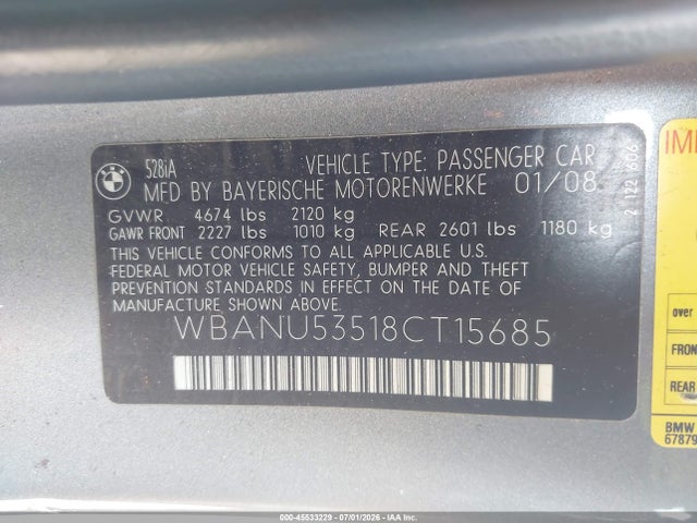 2008 Bmw 528i მანქანა იყიდება აუქციონზე, vin: WBANU53518CT15685, აუქციონის ნომერი: 45533229