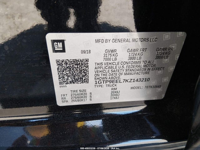Продаж на аукціоні авто 2019 Gmc Sierra 1500 At4, vin: 1GTP9EEL7KZ143210, номер лоту: 45533239