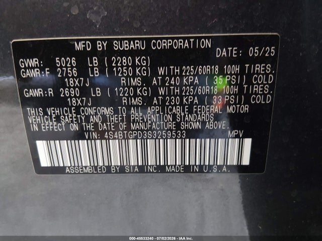Subaru Outback Touring Xt 2025 4S4BTGPD3S3259533 Image 9