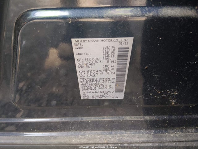 2013 Nissan Pathfinder Platinum მანქანა იყიდება აუქციონზე, vin: 5N1AR2MM9DC638797, აუქციონის ნომერი: 45533247