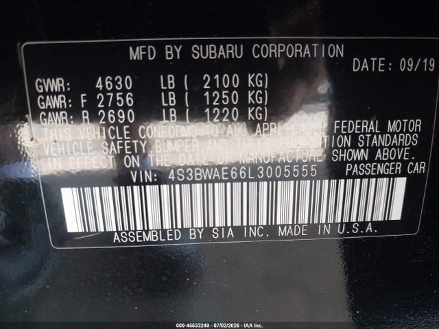 Aukcja sprzedaży 2020 Subaru Legacy Premium, vin: 4S3BWAE66L3005555, numer aukcji: 45533249