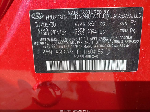 Продаж на аукціоні авто 2020 Hyundai Elantra Se, vin: 5NPD74LF1LH604183, номер лоту: 45533267