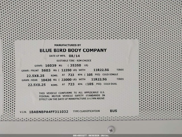 Blue Bird School Bus / Transit Bus 2015 1BABNBPA4FF311032 Image 9