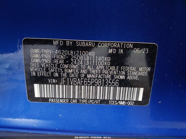 Aukcja sprzedaży 2023 Subaru Wrx Premium, vin: JF1VBAF65P9813556, numer aukcji: 45533279