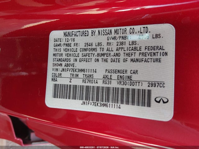Продаж на аукціоні авто 2017 Infiniti Q60 3.0t Red Sport 400, vin: JN1FV7EK3HM611114, номер лоту: 45533281