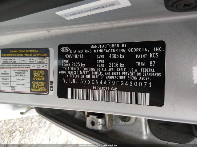 Продажа на аукционе авто 2015 Kia Optima Ex, vin: 5XXGN4A79FG430071, номер лота: 45533285