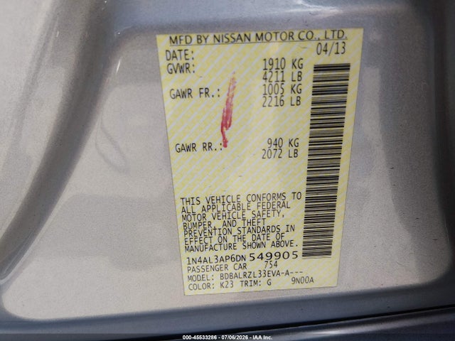 2013 Nissan Altima 2.5 S მანქანა იყიდება აუქციონზე, vin: 1N4AL3AP6DN549905, აუქციონის ნომერი: 45533286