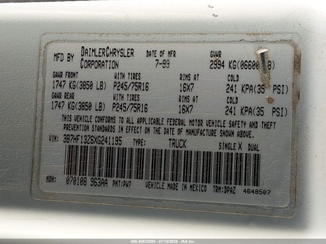 Aukcja sprzedaży 1999 Dodge Ram 1500 St, vin: 3B7HF13Z6XG241195, numer aukcji: 45533293