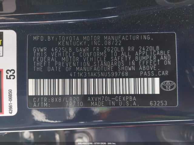 4T1K31AK5NU599768 Toyota Camry Xse Hybrid