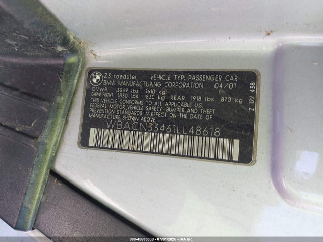 Aukcja sprzedaży 2001 Bmw Z3 3.0i, vin: WBACN53461LL48618, numer aukcji: 45533300