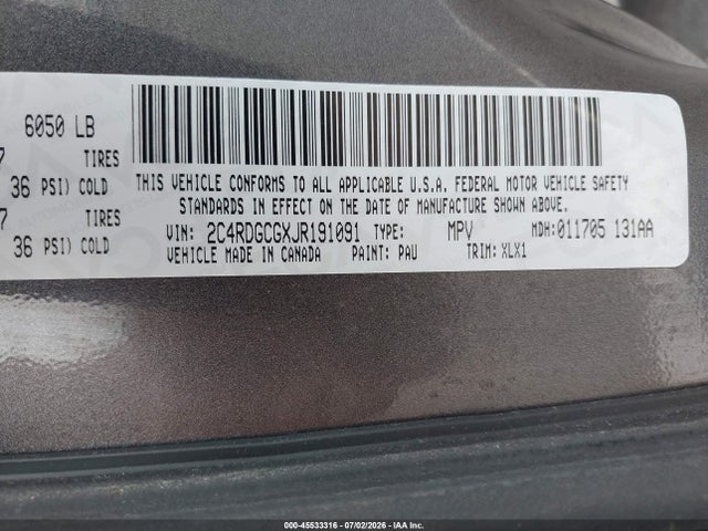 45533316 :رقم المزاد ، 2C4RDGCGXJR191091 vin ، 2018 Dodge Grand Caravan Sxt مزاد بيع