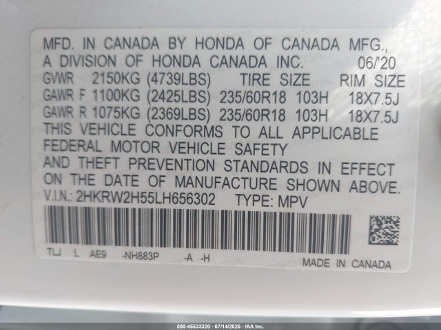 Honda Cr-v Awd Ex 2020 2HKRW2H55LH656302 Image 9