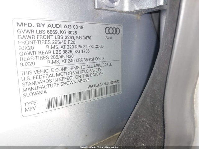 Продажа на аукционе авто 2018 Audi Q7 3.0t Premium, vin: WA1LAAF78JD037872, номер лота: 45533344