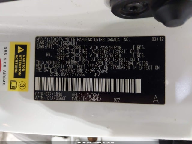 Aukcja sprzedaży 2012 Lexus Rx 350, vin: 2T2BK1BA2CC147554, numer aukcji: 45533346