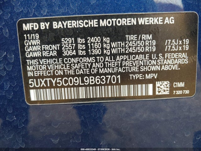Aukcja sprzedaży 2020 Bmw X3 Xdrive30i, vin: 5UXTY5C09L9B63701, numer aukcji: 45533349