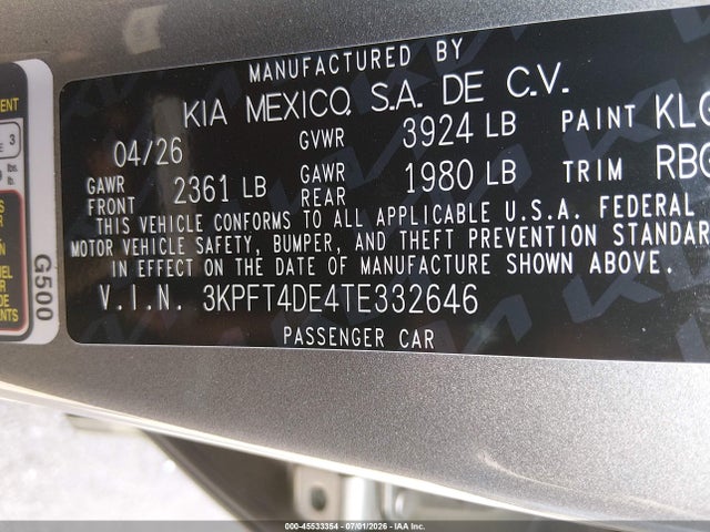 45533354 :رقم المزاد ، 3KPFT4DE4TE332646 vin ، 2026 Kia K4 Lxs مزاد بيع