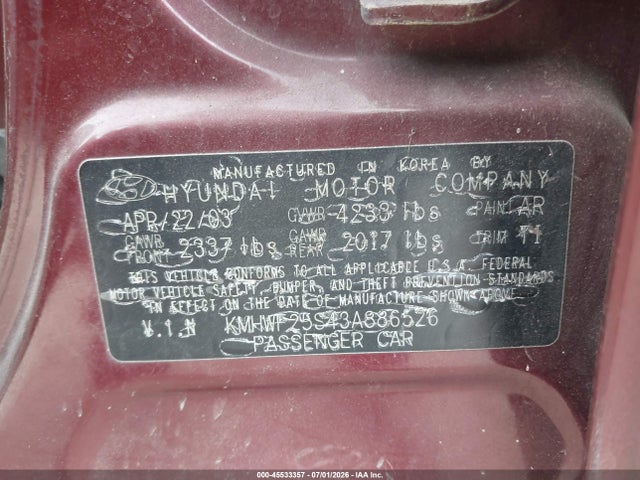 Aukcja sprzedaży 2003 Hyundai Sonata, vin: KMHWF25S43A886526, numer aukcji: 45533357