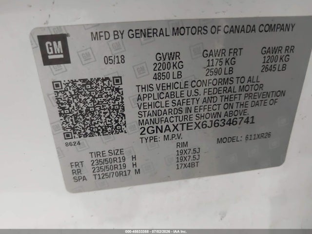 Продажа на аукционе авто 2018 Chevrolet Equinox Lt, vin: 2GNAXTEX6J6346741, номер лота: 45533358