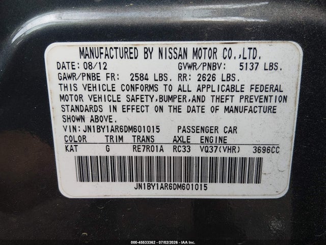 Aukcja sprzedaży 2013 Infiniti M37x, vin: JN1BY1AR6DM601015, numer aukcji: 45533362