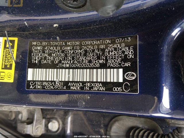 Продаж на аукціоні авто 2013 Lexus Es 300h, vin: JTHBW1GG9D2033538, номер лоту: 45533367