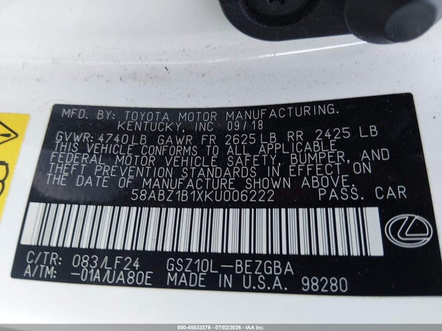45533376 :رقم المزاد ، 58ABZ1B1XKU006222 vin ، 2019 Lexus Es 350 F Sport مزاد بيع