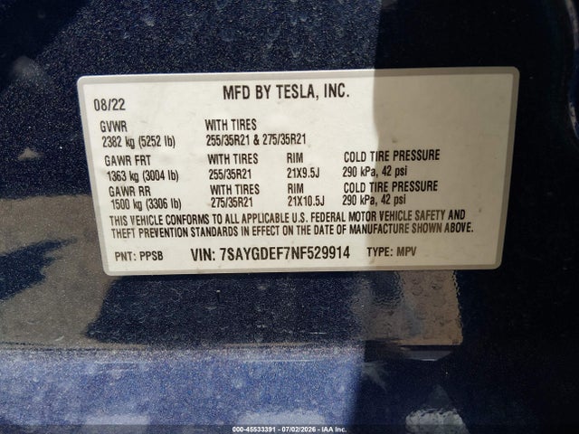 Продажа на аукционе авто 2022 Tesla Model Y Performance Dual Motor All-wheel Drive, vin: 7SAYGDEF7NF529914, номер лота: 45533391
