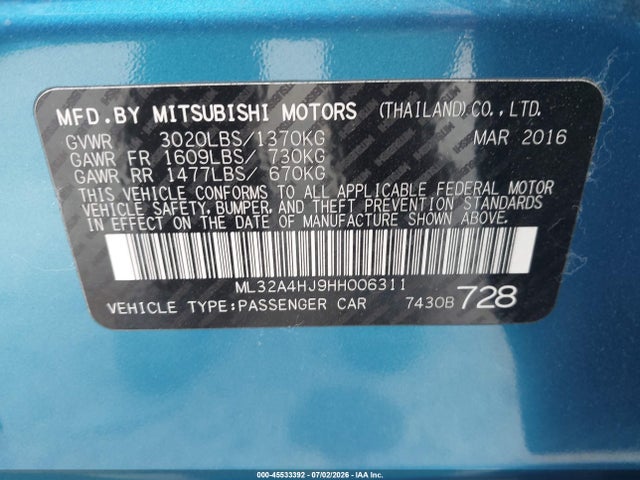 Mitsubishi MIRAGE SE 2017 ML32A4HJ9HH006311 Image 9