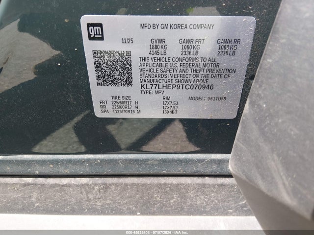 45533408 :رقم المزاد ، KL77LHEP9TC070946 vin ، 2026 Chevrolet Trax Fwd Lt مزاد بيع