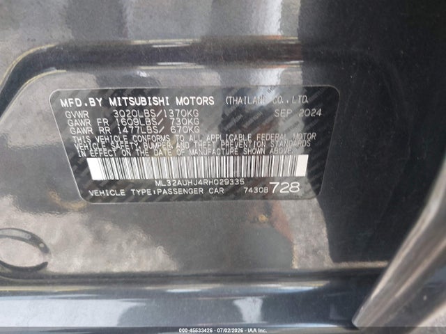 Aukcja sprzedaży 2024 Mitsubishi Mirage Es/le, vin: ML32AUHJ4RH029335, numer aukcji: 45533426