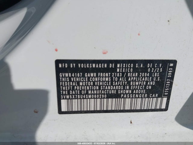 2025 Volkswagen Jetta 1.5t S მანქანა იყიდება აუქციონზე, vin: 3VW5X7BU4SM060290, აუქციონის ნომერი: 45533432