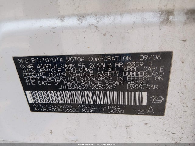 45533434 :رقم المزاد ، JTHBJ46G972052287 vin ، 2007 Lexus Es 350 مزاد بيع