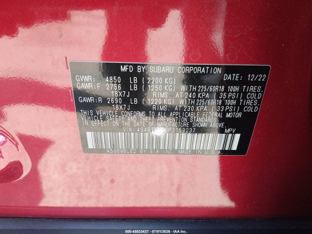 45533437 :رقم المزاد ، 4S4BTANC5P3159237 vin ، 2023 Subaru Outback Limited مزاد بيع