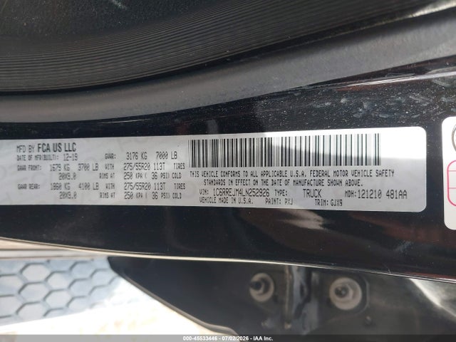 Продажа на аукционе авто 2020 Ram 1500 Laramie  4x2 5'7 Box, vin: 1C6RREJM4LN252926, номер лота: 45533446