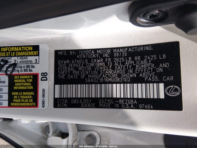 Продажа на аукционе авто 2021 Lexus Es 350, vin: 58ADZ1B16MU083102, номер лота: 45533451