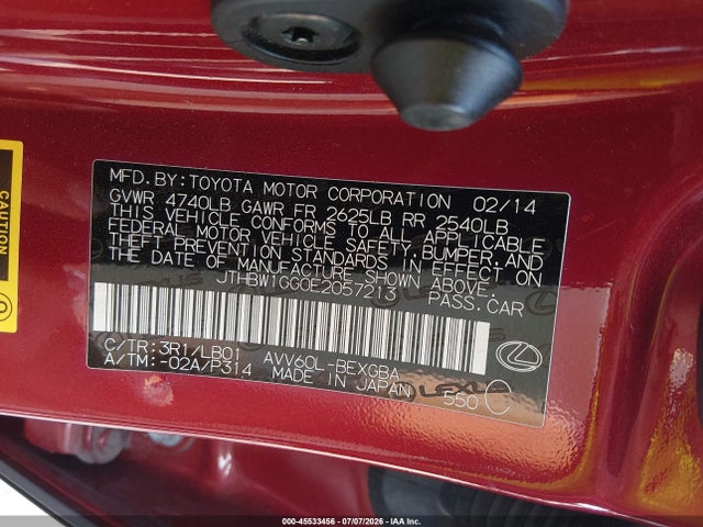 45533456 :رقم المزاد ، JTHBW1GG0E2057213 vin ، 2014 Lexus Es 300h مزاد بيع