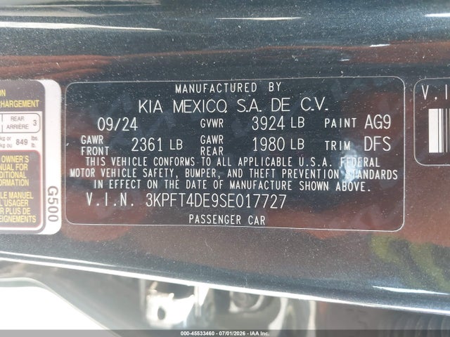 Auction sale of the 2025 Kia K4 Lxs, vin: 3KPFT4DE9SE017727, lot number: 45533460