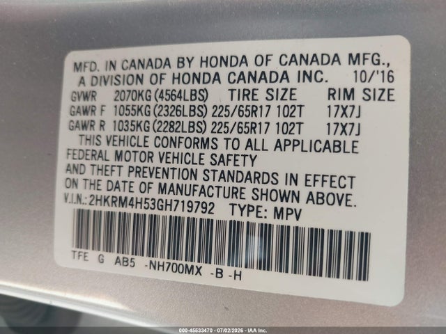 45533470 :رقم المزاد ، 2HKRM4H53GH719792 vin ، 2016 Honda Cr-v Ex مزاد بيع