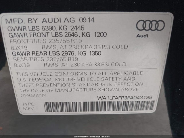 Aukcja sprzedaży 2015 Audi Q5 2.0t Premium, vin: WA1LFAFP3FA043198, numer aukcji: 45533505