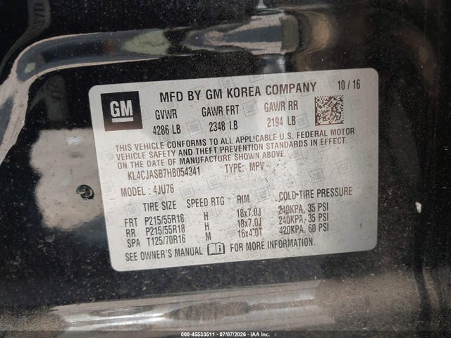 Aukcja sprzedaży 2017 Buick Encore Preferred, vin: KL4CJASB7HB054341, numer aukcji: 45533511