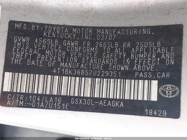 45533518 :رقم المزاد ، 4T1BK36B57U229351 vin ، 2007 Toyota Avalon Xls مزاد بيع