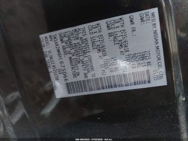 Aukcja sprzedaży 2015 Nissan Pathfinder Sv, vin: 5N1AR2MM8FC675066, numer aukcji: 45533522
