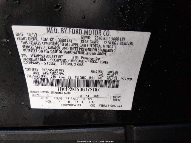 Продаж на аукціоні авто 2013 Ford Taurus Sho, vin: 1FAHP2KT5DG172187, номер лоту: 45533524