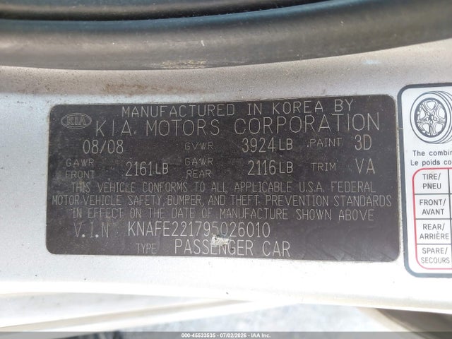45533535 :رقم المزاد ، KNAFE221795026010 vin ، 2009 Kia Spectra Sx مزاد بيع