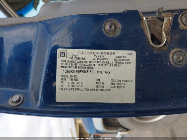 45533541 :رقم المزاد ، 1GTGK24R6WZ547131 vin ، 1998 Gmc Sierra 2500 Hd Sl مزاد بيع