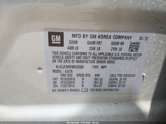 45533546 :رقم المزاد ، KL4CJESM2NB532606 vin ، 2022 Buick Encore Awd Preferred مزاد بيع