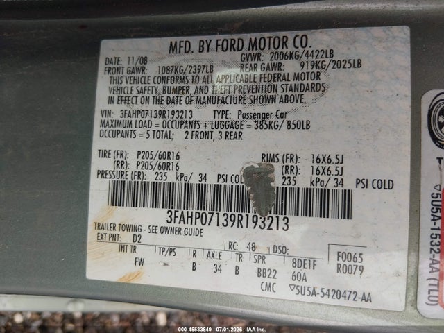 45533549 :رقم المزاد ، 3FAHP07139R193213 vin ، 2009 Ford Fusion Se مزاد بيع