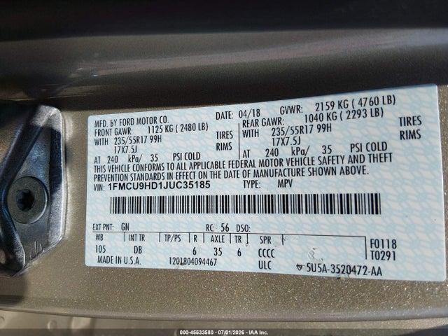2018 Ford Escape Sel მანქანა იყიდება აუქციონზე, vin: 1FMCU9HD1JUC35185, აუქციონის ნომერი: 45533580