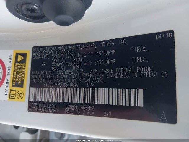 Toyota Highlander Xle 2018 5TDJZRFH9JS548640 Image 9