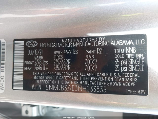 Продаж на аукціоні авто 2022 Hyundai Tucson Sel, vin: 5NMJB3AE3NH033835, номер лоту: 45533614