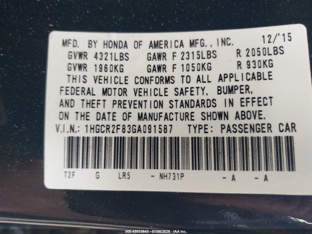 Honda Accord Ex-l 2016 1HGCR2F83GA091587 Image 9